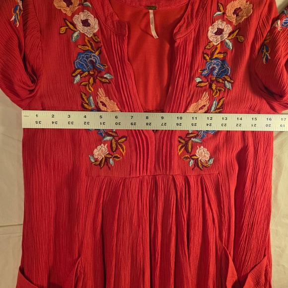 Free People Mia Embroidered Gauze Mini Dress Long Sleeve Boho, Size S, Red - Picture 8 of 10